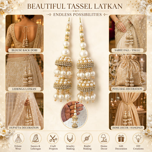 Ivory Pearl Double Jhumki Latkan Tassel Set of 2 for Saree, Blouse & Lehenga | Craft Shop India