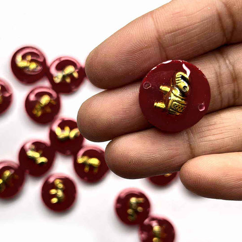Maroon Color Round Shape Acrylic Button With Metal Elephant Set Of 10