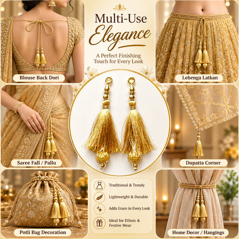 Golden Silk Hanging Tassels with Golden Cutdana Beads for Saree Pallu, Blouse, Lehenga, Dupatta, DIY Art & Craft Decoration | Pack of 10 | Craft Shop India