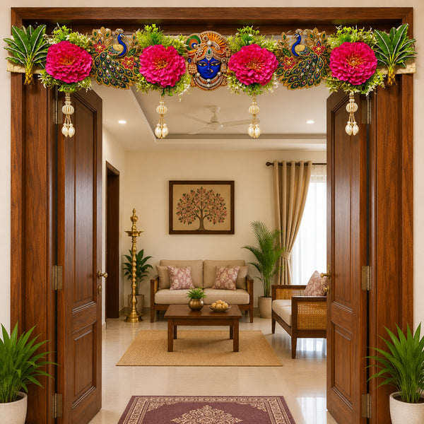 Krishna Peacock Pichwai Floral Toran with Pearl Drops for Main Door | Handmade Bandhanwar for Home Entrance, Mandir & Festive Décor | 40 Inch | Craft Shop India