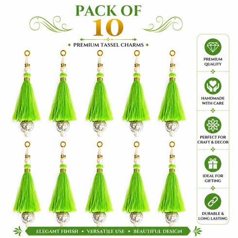 Parrot Green Silk Hanging Tassels with Silver Cutdana Beads for Saree Pallu, Blouse, Lehenga, Dupatta, DIY Art & Craft Decoration | Pack of 10 | Craft Shop India