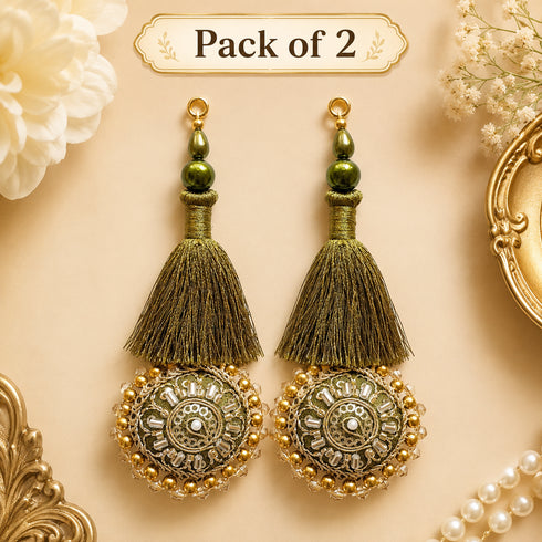Mehendi Green Mirror Work Round Latkan Tassel Set of 2 for Saree Pallu, Blouse, Dupatta & Lehenga | Craft Shop India