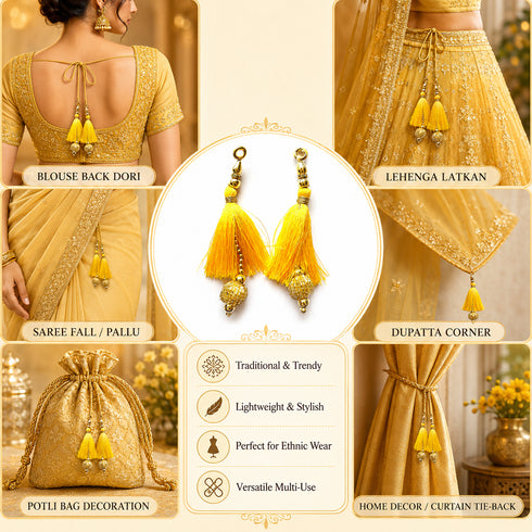Yellow Silk Hanging Tassels with Golden Cutdana Beads for Saree Pallu, Blouse, Lehenga, Dupatta, DIY Art & Craft Decoration | Pack of 10 | Craft Shop India