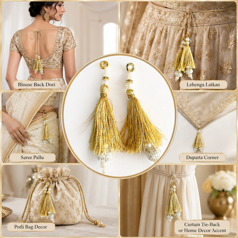 Golden Silk Hanging Tassels with Silver Cutdana Beads for Saree Pallu, Blouse, Lehenga, Dupatta, DIY Craft & Decoration | Pack of 10 | Craft Shop India
