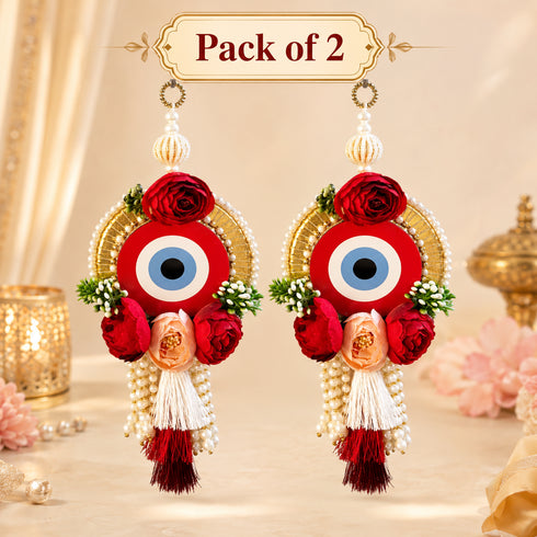 Red Handmade Floral Evil Eye Door Hanging Pair with Pearl Beads & Tassels | Home & Mandir Decor | Craft Shop India