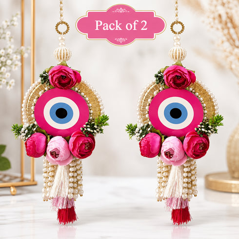 Pink Handmade Floral Evil Eye Door Hanging Pair with Pearl Beads & Tassels | Home & Mandir Decor | Craft Shop India