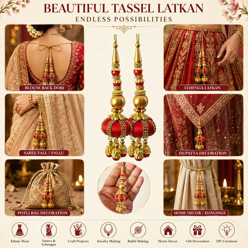 Red Handmade Ethnic Beads Latkan Tassel Pack of 2 for Saree Pallu, Blouse, Lehenga & Dupatta | Craft Shop India