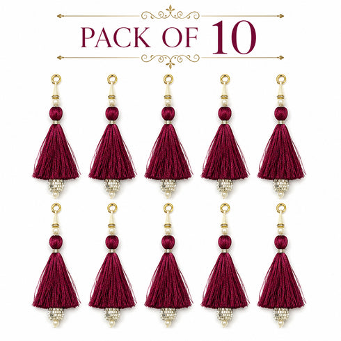 Wine Silk Hanging Tassels with Silver Cutdana Beads for Saree Pallu, Blouse, Lehenga, Dupatta, DIY Art & Craft Decoration | Pack of 10 | Craft Shop India