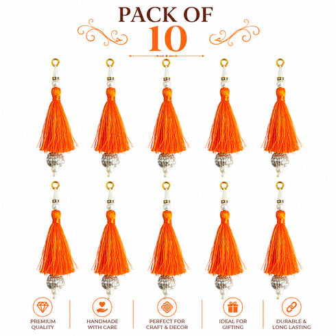 Orange Silk Hanging Tassels with Silver Cutdana Beads for Saree Pallu, Blouse, Lehenga, Dupatta, DIY Art & Craft Decoration | Pack of 10 | Craft Shop India