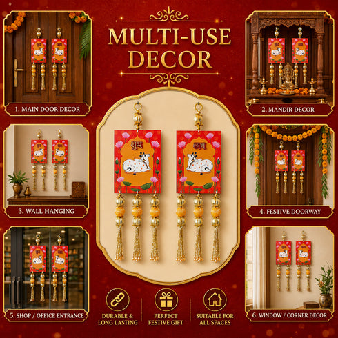 Orange Pichwai Cow Shubh Labh Tassels Hanging Pair for Home Decoration | Craft Shop India