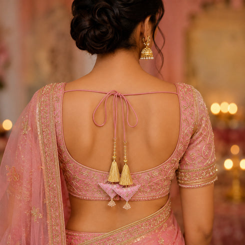 Baby Pink Embroidered Triangle Potli Latkan Tassel Set of 2 for Saree, Blouse & Lehenga | Craft Shop India