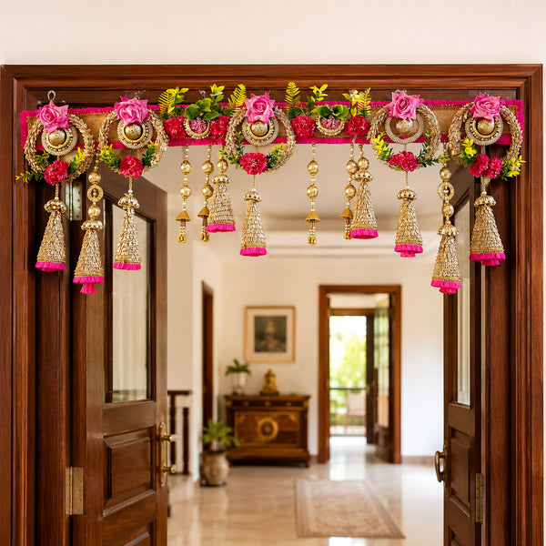 Rani Pink Golden Ring Toran with Jhumka Latkans for Main Door Decoration | Handmade Bandhanwar for Home Entrance, Mandir & Festive Décor | 40 Inch | Craft Shop India