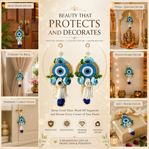 Sky Blue Floral Evil Eye Door Hanging Pair with Pearl Beads & Tassels | Pack of 2 | Craft Shop India