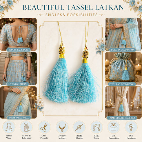 Sky Blue Silk Thread Tassel Latkan with Golden Bead Cluster for Suit, Kurti, Gown, Saree, Blouse, Dupatta, Lehenga, Jewelry Making & DIY Art & Craft | Pack of 10 | Craft Shop India