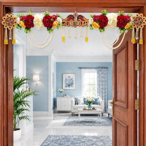 Red Jai Shri Shyam Bandhanwar for Door Entrance | 40 Inch | Handmade Floral Door Hanging | Craft Shop India