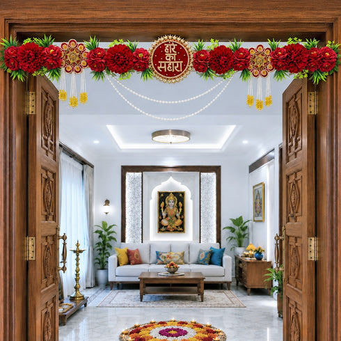 Red Hare Ka Sahara Bandhanwar for Door Entrance | 40 Inch | Handmade Floral Door Hanging | Craft Shop India