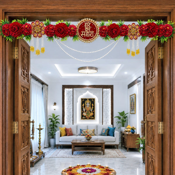 Red Hare Ka Sahara Bandhanwar for Door Entrance | 40 Inch | Handmade Floral Door Hanging | Craft Shop India