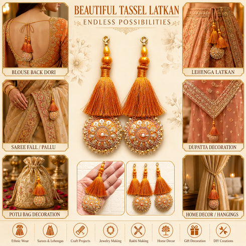Orange Mirror Work Round Latkan Tassel Set of 2 for Saree Pallu, Blouse, Dupatta & Lehenga | Craft Shop India