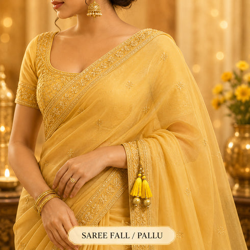 Yellow Silk Hanging Tassels with Golden Cutdana Beads for Saree Pallu, Blouse, Lehenga, Dupatta, DIY Art & Craft Decoration | Pack of 10 | Craft Shop India