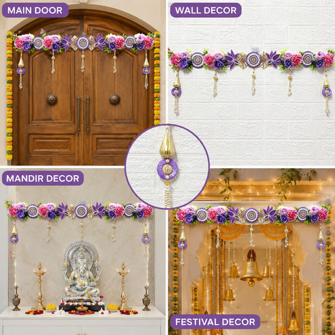Purple Flower Beaded Lotus Bandhanwar Toran for Door Entrance | 40 Inch | Craft Shop India