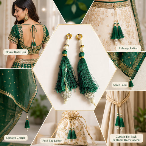 Green Silk Hanging Tassels with Silver Cutdana Beads for Saree Pallu, Blouse, Lehenga, Dupatta, DIY Art & Craft Decoration | Set of 10 | Craft Shop India