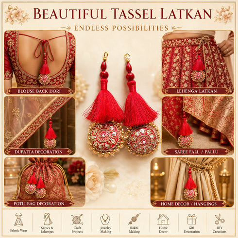 Red Mirror Work Round Latkan Tassel Set of 2 for Saree Pallu, Blouse, Dupatta & Lehenga | Craft Shop India