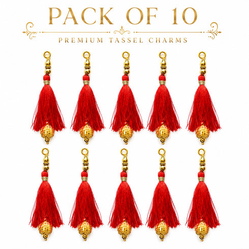 Bright Red Silk Hanging Tassels with Golden Cutdana Beads for Saree Pallu, Blouse, Lehenga, Dupatta, DIY Art & Craft Decoration | Pack of 10 | Craft Shop India