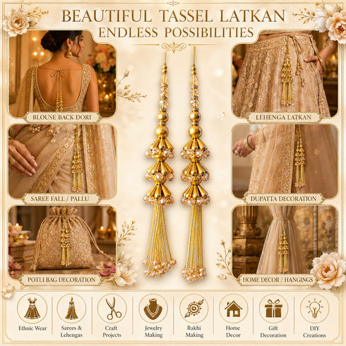 Golden Pipe 3 Layer Handmade Ethnic Latkan Tassel Set of 2 for Saree, Blouse & Lehenga | Craft Shop India
