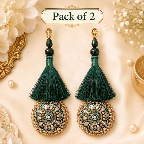 Dark Green Mirror Work Round Latkan Tassel Set of 2 for Saree Pallu, Blouse, Dupatta & Lehenga | Craft Shop India