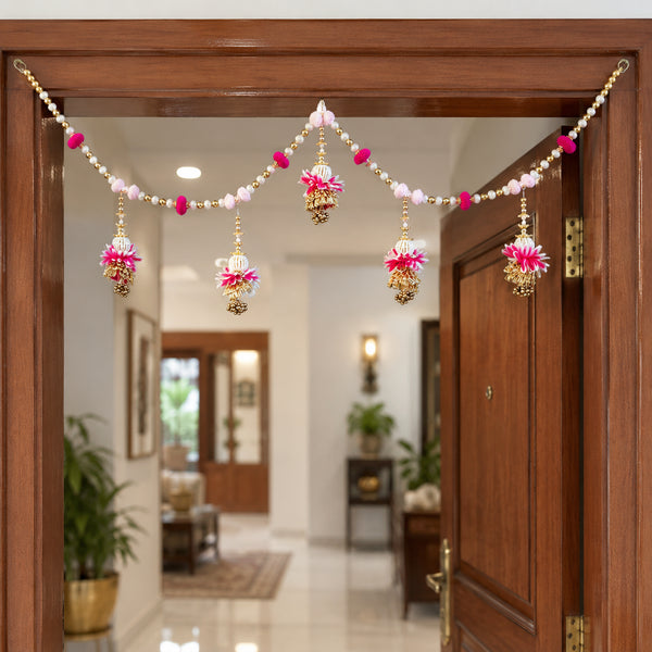 Pink Beaded Swag Toran with Hanging Latkans for Main Door Decoration | Handmade Bandhanwar for Home Entrance, Mandir & Festive Décor | 40 Inch | Craft Shop India