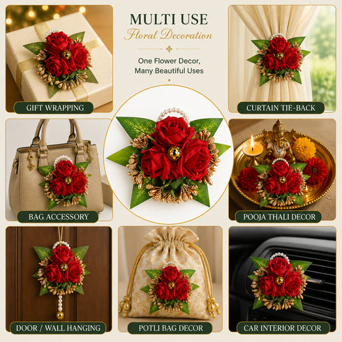 Red Handmade Artificial 3 Flowers & Pollen Bunch Pack of 6 & 12 | Trousseau Packing | Craft Shop India