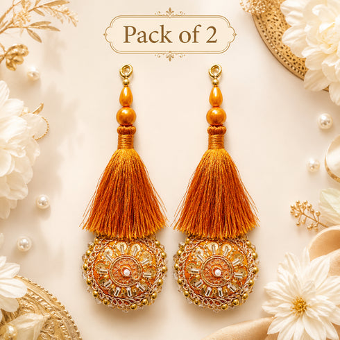Orange Mirror Work Round Latkan Tassel Set of 2 for Saree Pallu, Blouse, Dupatta & Lehenga | Craft Shop India