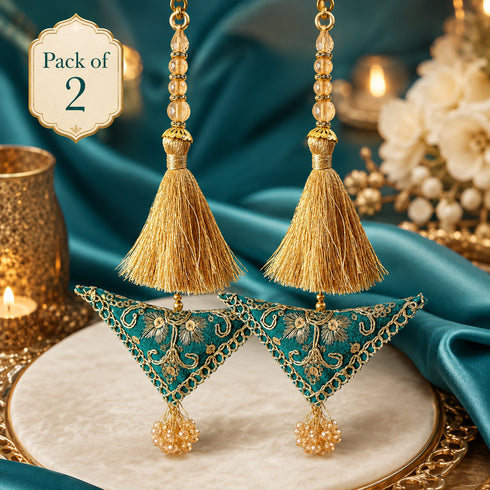 Turquoise Blue Embroidered Triangle Potli Latkan Tassel Set of 2 for Saree, Blouse & Lehenga | Craft Shop India