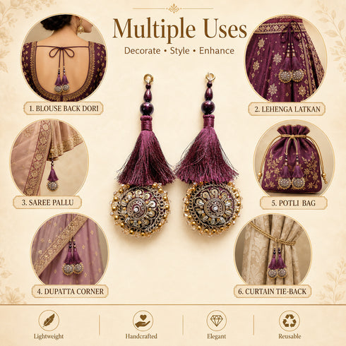 Dark Wine Mirror Work Round Latkan Tassel Set of 2 for Saree Pallu, Blouse, Dupatta & Lehenga | Craft Shop India