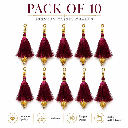 Wine / Burgundy Silk Hanging Tassels with Golden Cutdana Beads for Saree Pallu, Blouse, Lehenga, Dupatta, DIY Art & Craft Decoration | Pack of 10 | Craft Shop India
