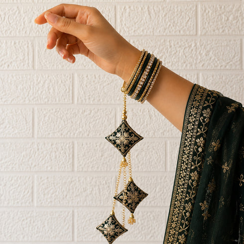 Dark Green Latkan Tassel with Glass Beads Set of 2 | 20 Inch | Saree, Blouse & Lehenga | Craft Shop India