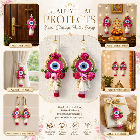 Pink Handmade Floral Evil Eye Door Hanging Pair with Pearl Beads & Tassels | Home & Mandir Decor | Craft Shop India