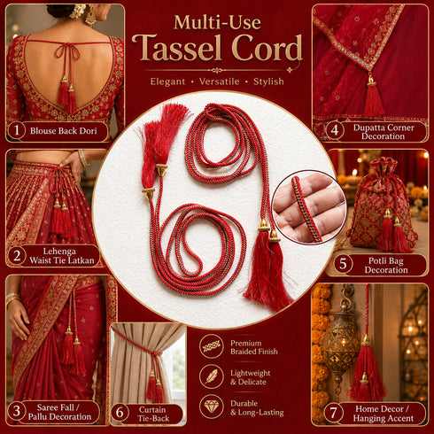 Red Tassel with Cord Rope Pack of 2 for Saree Pallu, Blouse, Lehenga & Dupatta | Craft Shop India