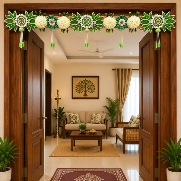Green Lotus White Flower Toran with Beaded Latkans for Door Decoration | Handmade Bandhanwar for Main Door, Mandir & Festive Décor | 40 Inch | Craft Shop India