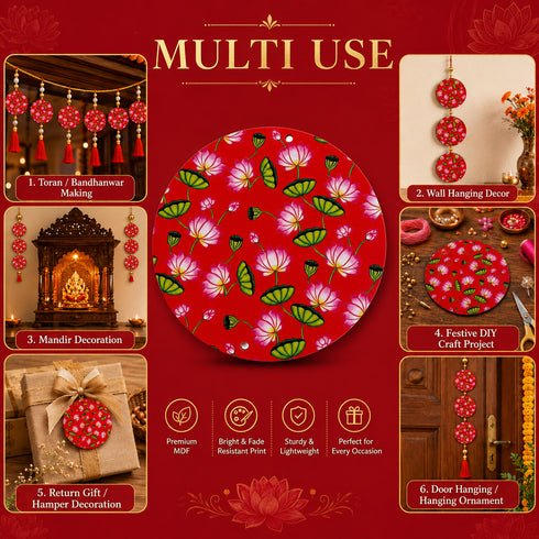 Red Pichwai Lotus Round Cutout Pack of 10 | Wall Hanging Decoration | Craft Shop India