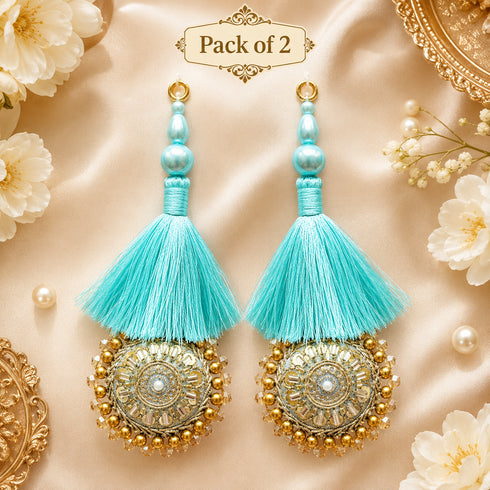 Sky Blue Mirror Work Round Latkan Tassel Set of 2 for Saree Pallu, Blouse, Dupatta, Lehenga & DIY Craft Decoration | Craft Shop India