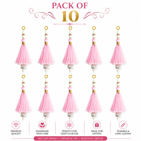 Baby Pink Silk Hanging Tassels with Silver Cutdana Beads for Saree Pallu, Blouse, Lehenga, Dupatta, DIY Art & Craft Decoration | Pack of 10 | Craft Shop India