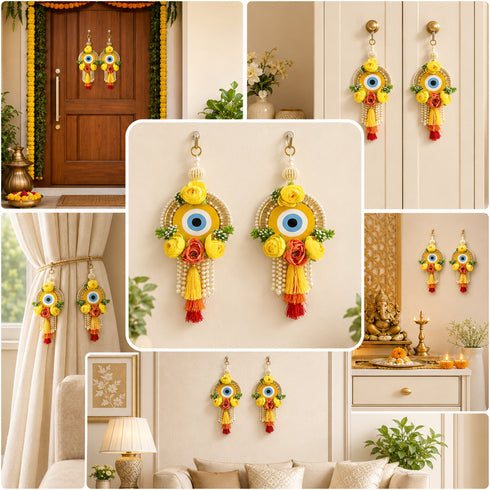 Yellow Handmade Floral Evil Eye Door Hanging Pair with Pearl Beads & Tassels | Home & Mandir Decor | Craft Shop India