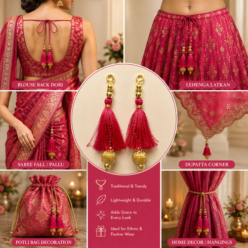 Rani Pink Silk Hanging Tassels with Golden Cutdana Beads for Saree Pallu, Blouse, Lehenga, Dupatta, DIY Art & Craft Decoration | Pack of 10 | Craft Shop India