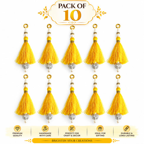 Yellow Silk Hanging Tassels with Silver Cutdana Beads for Saree Pallu, Blouse, Lehenga, Dupatta, DIY Art & Craft Decoration | Pack of 10 | Craft Shop India