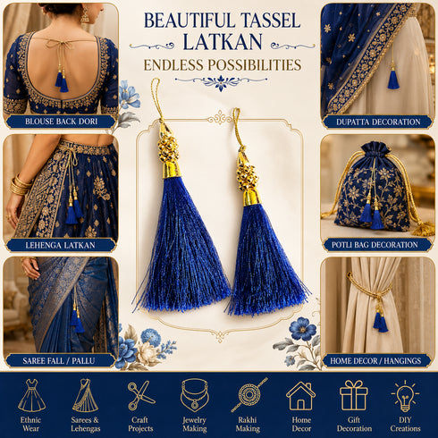 Royal Blue Silk Thread Tassel Latkan with Golden Bead Cluster for Suit, Kurti, Gown, Saree, Blouse, Dupatta, Lehenga, Jewelry & DIY Art & Craft | Pack of 10 | Craft Shop India