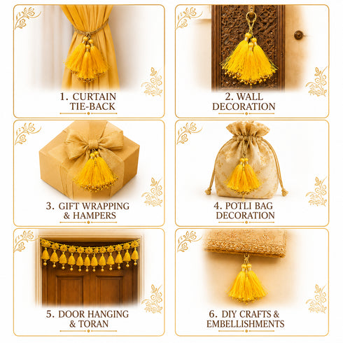 Sunshine Yellow Fancy Silk Tassels with Zari Bead Thread Latkan Pack of 10 | Craft Shop India