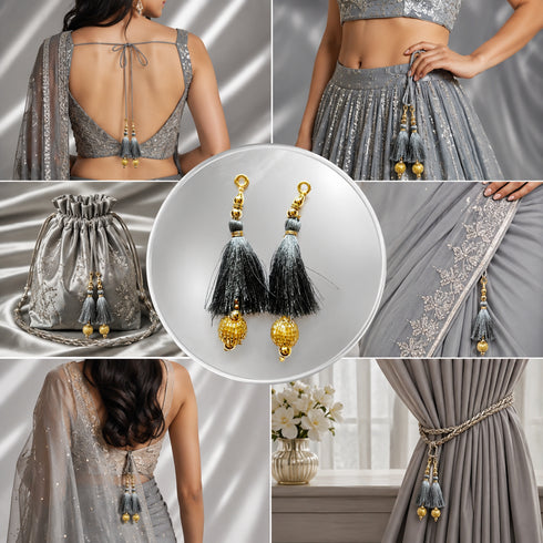 Grey Silk Hanging Tassels with Golden Cutdana Beads for Saree Pallu, Blouse, Lehenga, Dupatta, DIY Art & Craft Decoration | Pack of 10 | Craft Shop India