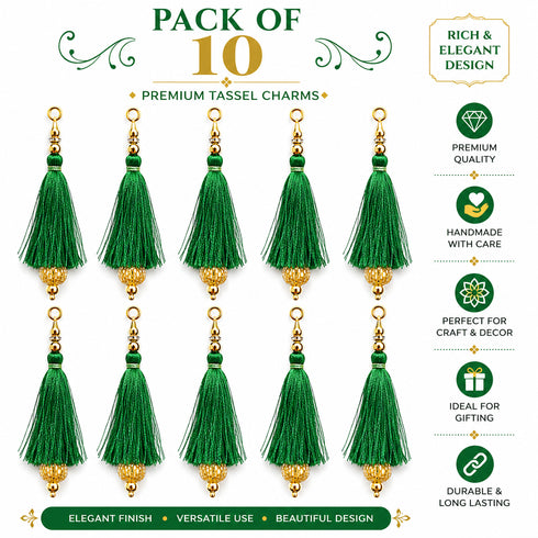 Green Silk Hanging Tassels with Golden Cutdana Beads for Saree Pallu, Blouse, Lehenga, Dupatta, DIY Art & Craft Decoration | Pack of 10 | Craft Shop India