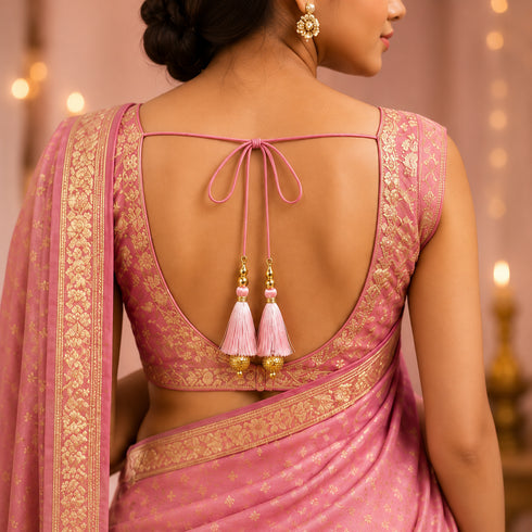 Baby Pink Silk Hanging Tassels with Golden Cutdana Beads for Saree Pallu, Blouse, Lehenga, Dupatta, DIY Art & Craft Decoration | Pack of 10 | Craft Shop India